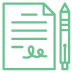 Green line icon featuring a pen and paper, representing web design and content writing in the digital marketing sector.